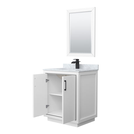 Icon 30 Inch Single Bathroom Vanity in White White Carrara Marble Countertop Undermount Square Sink Matte Black Trim 24 Inch Mirror