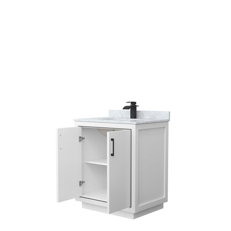 Icon 30 Inch Single Bathroom Vanity in White White Carrara Marble Countertop Undermount Square Sink Matte Black Trim