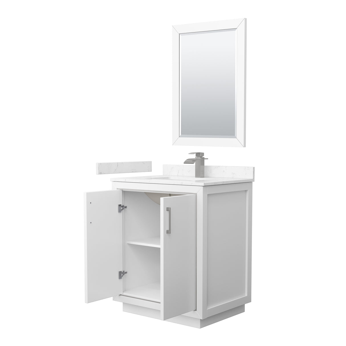 Icon 30 Inch Single Bathroom Vanity in White Carrara Cultured Marble Countertop Undermount Square Sink Brushed Nickel Trim 24 Inch Mirror