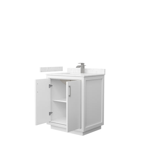 Icon 30 Inch Single Bathroom Vanity in White Carrara Cultured Marble Countertop Undermount Square Sink Brushed Nickel Trim
