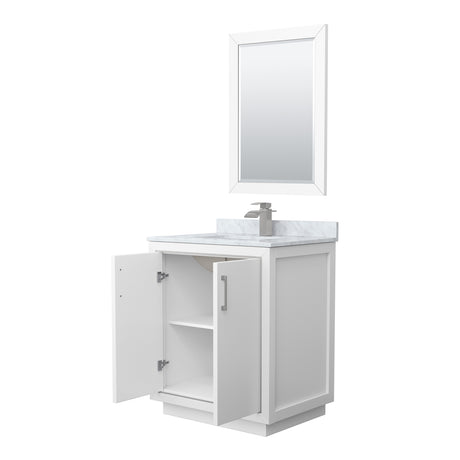 Icon 30 Inch Single Bathroom Vanity in White White Carrara Marble Countertop Undermount Square Sink Brushed Nickel Trim 24 Inch Mirror