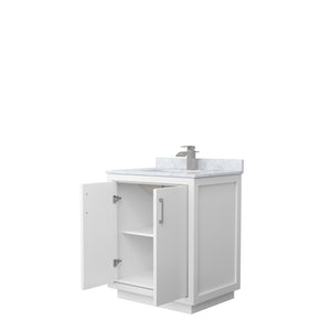 Icon 30 Inch Single Bathroom Vanity in White White Carrara Marble Countertop Undermount Square Sink Brushed Nickel Trim