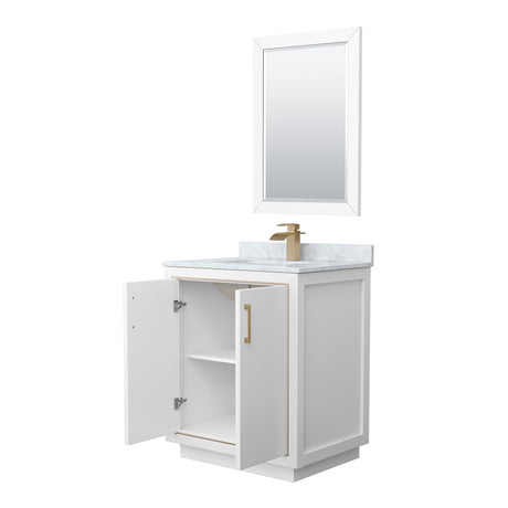 Icon 30 Inch Single Bathroom Vanity in White White Carrara Marble Countertop Undermount Square Sink Satin Bronze Trim 24 Inch Mirror
