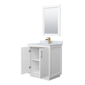 Icon 30 Inch Single Bathroom Vanity in White White Carrara Marble Countertop Undermount Square Sink Satin Bronze Trim 24 Inch Mirror