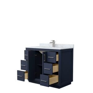 Icon 42 Inch Single Bathroom Vanity in Dark Blue White Carrara Marble Countertop Undermount Square Sink Brushed Nickel Trim