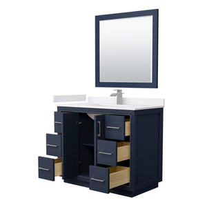 Icon 42 Inch Single Bathroom Vanity in Dark Blue White Cultured Marble Countertop Undermount Square Sink Brushed Nickel Trim 34 Inch Mirror
