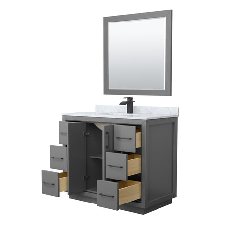 Icon 42 Inch Single Bathroom Vanity in Dark Gray White Carrara Marble Countertop Undermount Square Sink Matte Black Trim 34 Inch Mirror