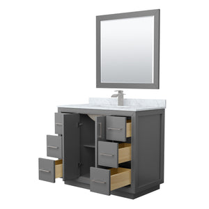 Icon 42 Inch Single Bathroom Vanity in Dark Gray White Carrara Marble Countertop Undermount Square Sink Brushed Nickel Trim 34 Inch Mirror