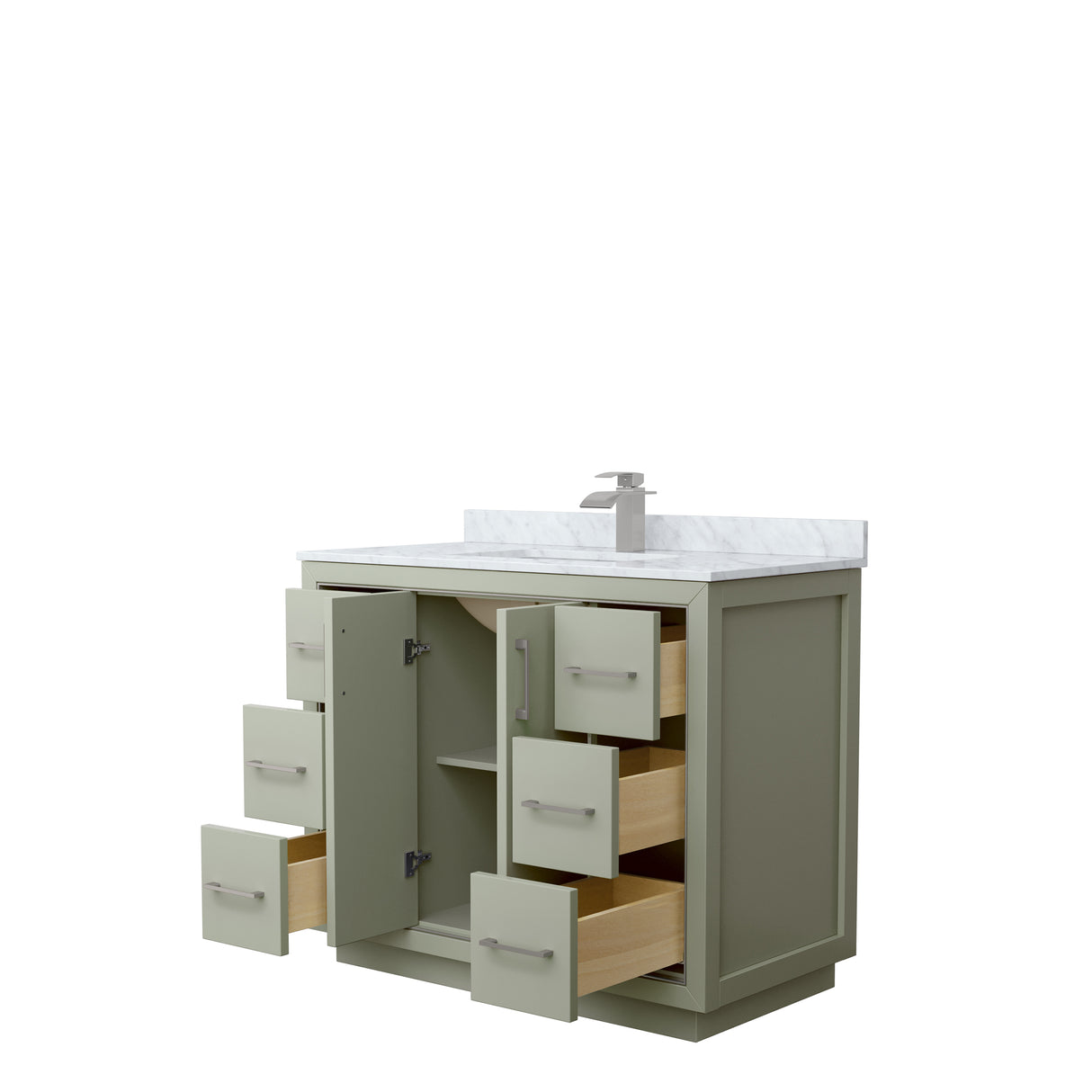 Icon 42 Inch Single Bathroom Vanity in Light Green White Carrara Marble Countertop Undermount Square Sink Brushed Nickel Trim