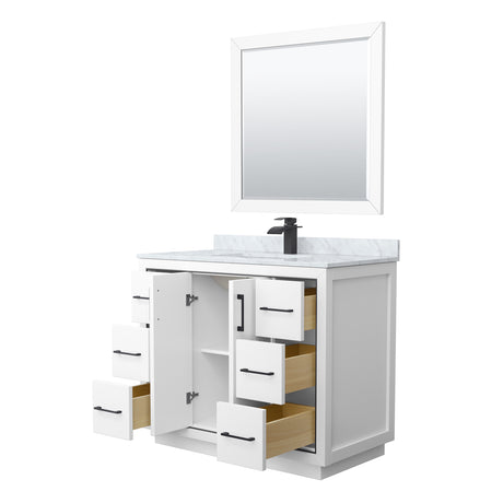 Icon 42 Inch Single Bathroom Vanity in White White Carrara Marble Countertop Undermount Square Sink Matte Black Trim 34 Inch Mirror