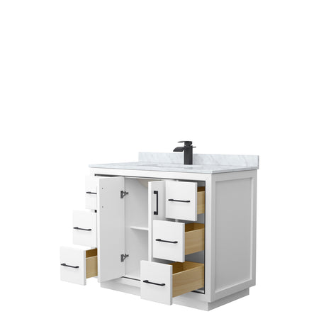 Icon 42 Inch Single Bathroom Vanity in White White Carrara Marble Countertop Undermount Square Sink Matte Black Trim