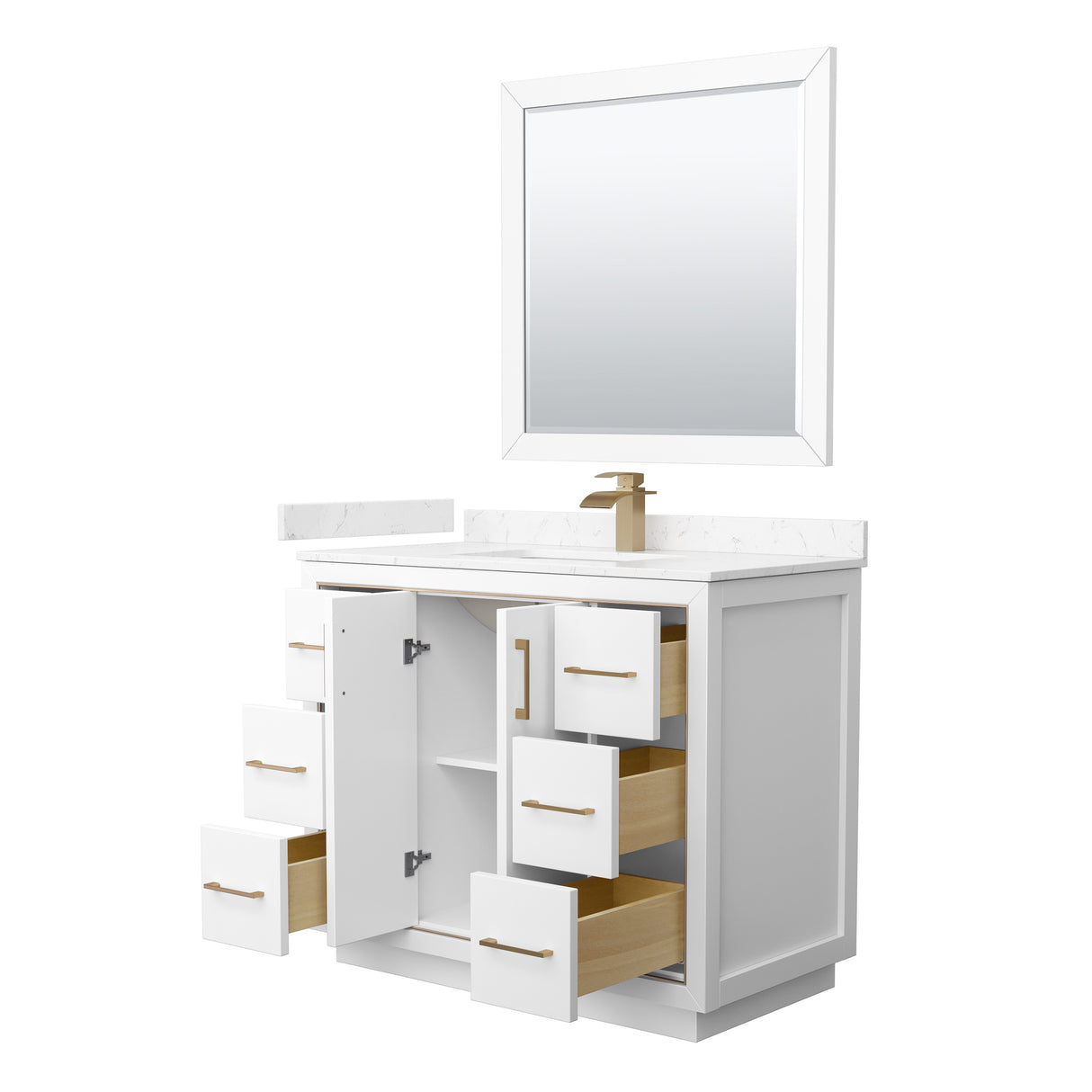 Icon 42 Inch Single Bathroom Vanity in White Carrara Cultured Marble Countertop Undermount Square Sink Satin Bronze Trim 34 Inch Mirror