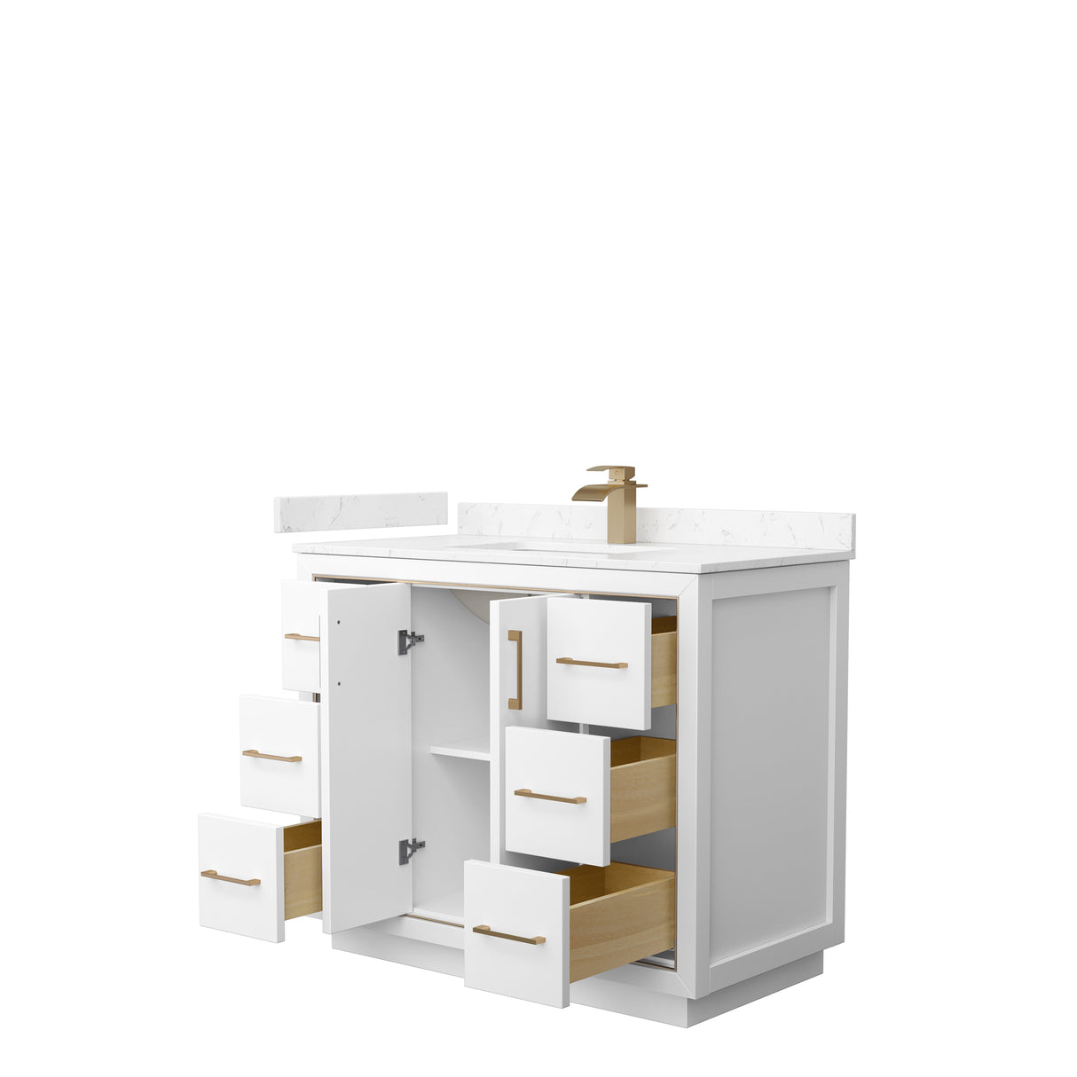 Icon 42 Inch Single Bathroom Vanity in White Carrara Cultured Marble Countertop Undermount Square Sink Satin Bronze Trim