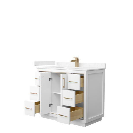 Icon 42 Inch Single Bathroom Vanity in White Carrara Cultured Marble Countertop Undermount Square Sink Satin Bronze Trim