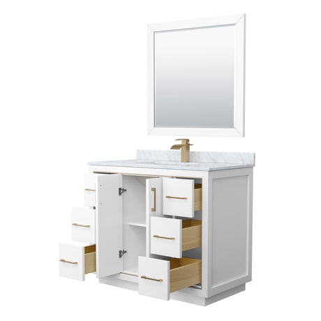 Icon 42 Inch Single Bathroom Vanity in White White Carrara Marble Countertop Undermount Square Sink Satin Bronze Trim 34 Inch Mirror