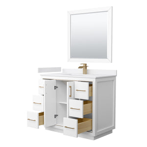 Icon 42 Inch Single Bathroom Vanity in White White Cultured Marble Countertop Undermount Square Sink Satin Bronze Trim 34 Inch Mirror