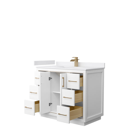 Icon 42 Inch Single Bathroom Vanity in White White Cultured Marble Countertop Undermount Square Sink Satin Bronze Trim