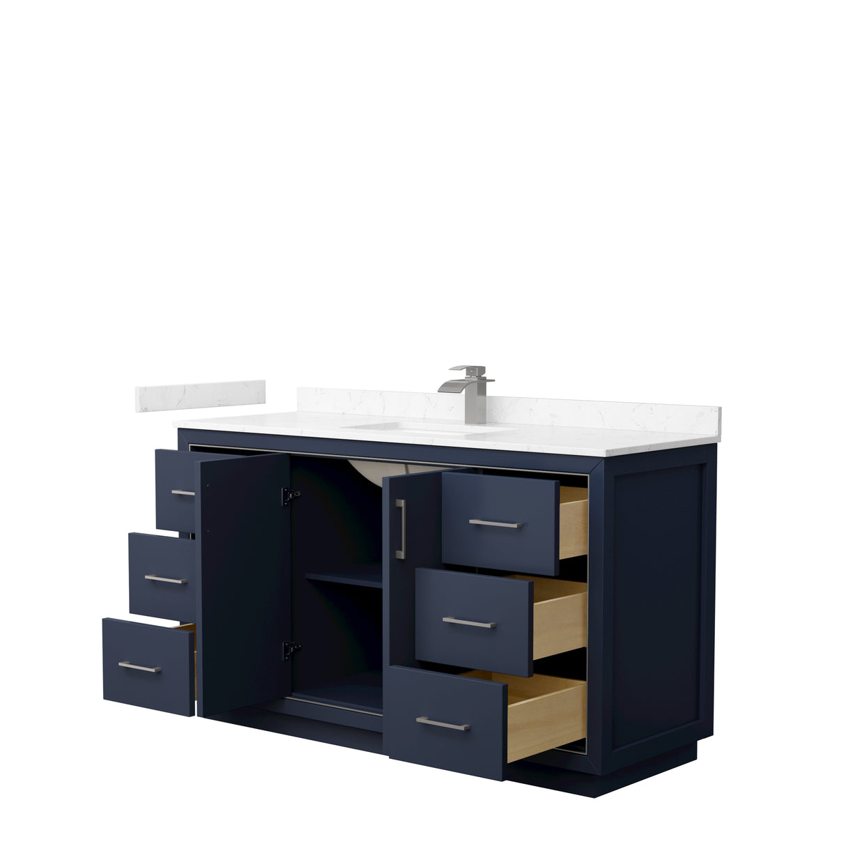 Icon 60 Inch Single Bathroom Vanity in Dark Blue Carrara Cultured Marble Countertop Undermount Square Sink Brushed Nickel Trim