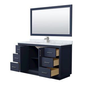 Icon 60 Inch Single Bathroom Vanity in Dark Blue White Carrara Marble Countertop Undermount Square Sink Brushed Nickel Trim 58 Inch Mirror