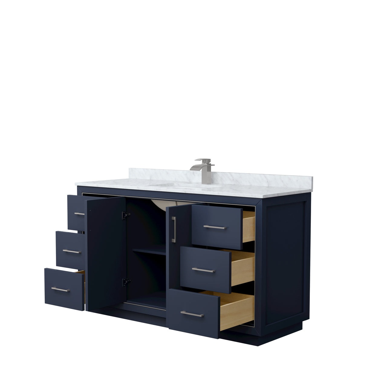 Icon 60 Inch Single Bathroom Vanity in Dark Blue White Carrara Marble Countertop Undermount Square Sink Brushed Nickel Trim