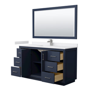 Icon 60 Inch Single Bathroom Vanity in Dark Blue White Cultured Marble Countertop Undermount Square Sink Brushed Nickel Trim 58 Inch Mirror