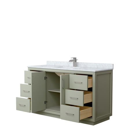 Icon 60 Inch Single Bathroom Vanity in Light Green White Carrara Marble Countertop Undermount Square Sink Brushed Nickel Trim