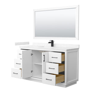 Icon 60 Inch Single Bathroom Vanity in White Carrara Cultured Marble Countertop Undermount Square Sink Matte Black Trim 58 Inch Mirror
