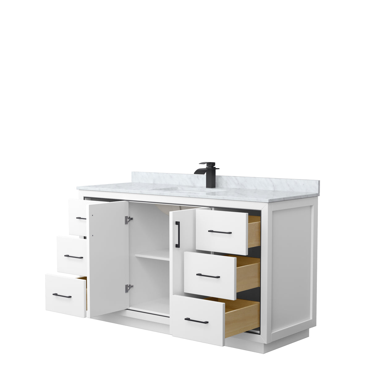 Icon 60 Inch Single Bathroom Vanity in White White Carrara Marble Countertop Undermount Square Sink Matte Black Trim