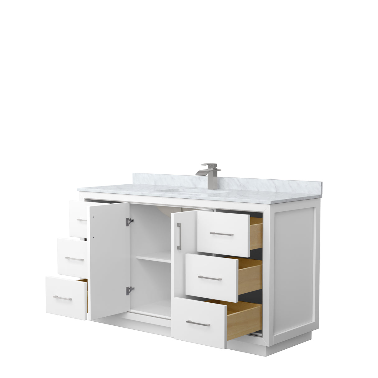 Icon 60 Inch Single Bathroom Vanity in White White Carrara Marble Countertop Undermount Square Sink Brushed Nickel Trim