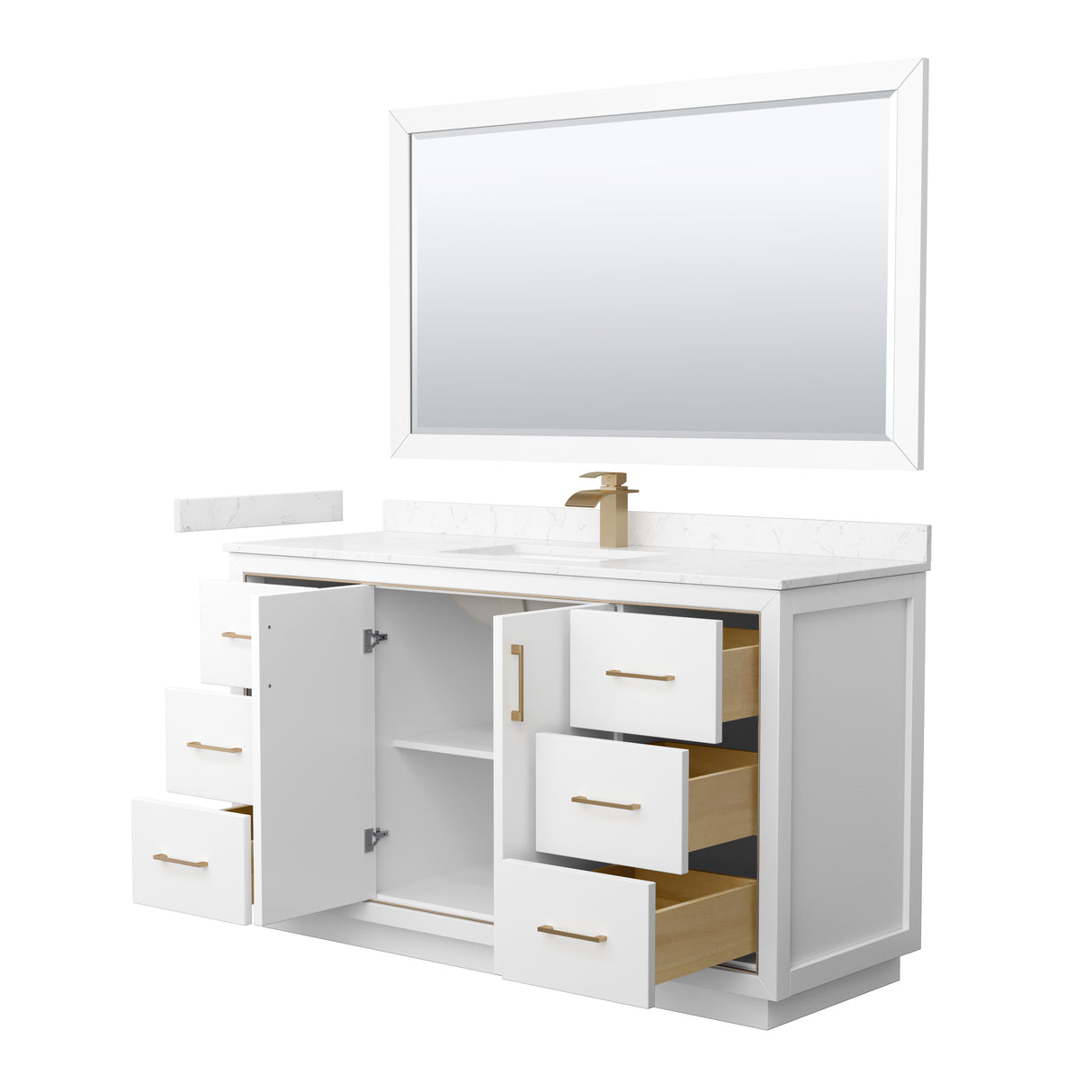 Icon 60 Inch Single Bathroom Vanity in White Carrara Cultured Marble Countertop Undermount Square Sink Satin Bronze Trim 58 Inch Mirror