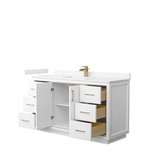 Icon 60 Inch Single Bathroom Vanity in White Carrara Cultured Marble Countertop Undermount Square Sink Satin Bronze Trim