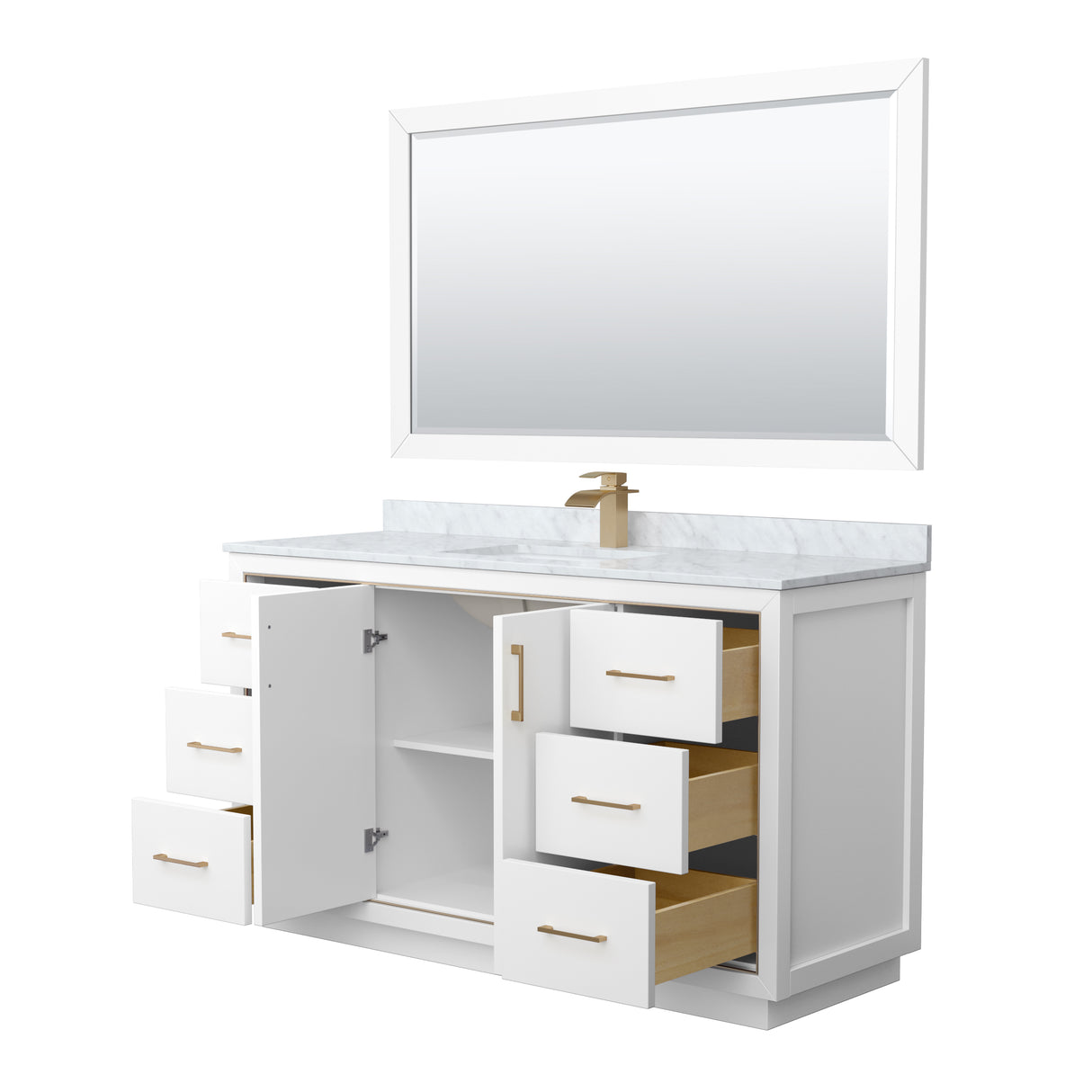 Icon 60 Inch Single Bathroom Vanity in White White Carrara Marble Countertop Undermount Square Sink Satin Bronze Trim 58 Inch Mirror