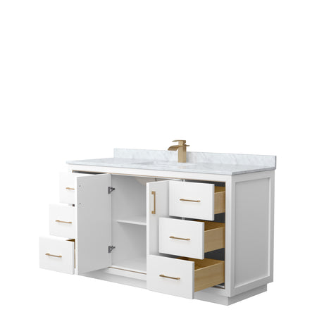 Icon 60 Inch Single Bathroom Vanity in White White Carrara Marble Countertop Undermount Square Sink Satin Bronze Trim