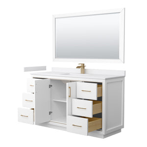 Icon 60 Inch Single Bathroom Vanity in White White Cultured Marble Countertop Undermount Square Sink Satin Bronze Trim 58 Inch Mirror