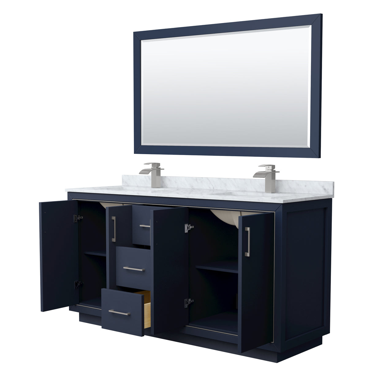 Icon 66 Inch Double Bathroom Vanity in Dark Blue White Carrara Marble Countertop Undermount Square Sinks Brushed Nickel Trim 58 Inch Mirror