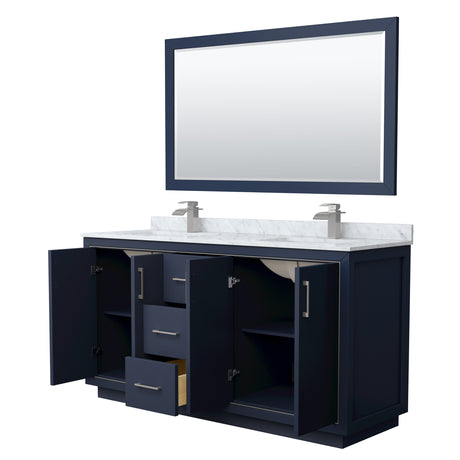 Icon 66 Inch Double Bathroom Vanity in Dark Blue White Carrara Marble Countertop Undermount Square Sinks Brushed Nickel Trim 58 Inch Mirror