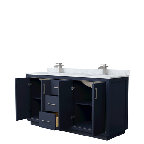 Icon 66 Inch Double Bathroom Vanity in Dark Blue White Carrara Marble Countertop Undermount Square Sinks Brushed Nickel Trim