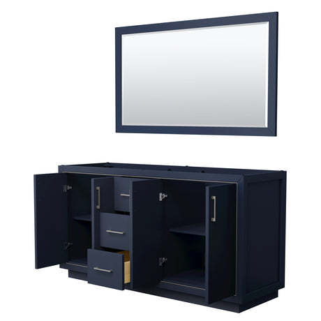 Icon 66 Inch Double Bathroom Vanity in Dark Blue No Countertop No Sink Brushed Nickel Trim 58 Inch Mirror