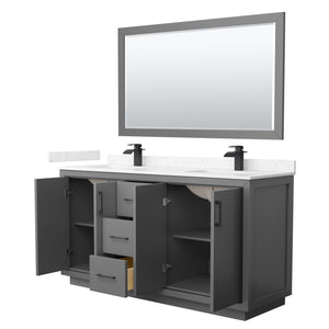 Icon 66 Inch Double Bathroom Vanity in Dark Gray Carrara Cultured Marble Countertop Undermount Square Sinks Matte Black Trim 58 Inch Mirror