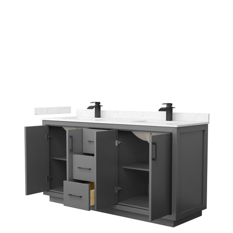 Icon 66 Inch Double Bathroom Vanity in Dark Gray Carrara Cultured Marble Countertop Undermount Square Sinks Matte Black Trim