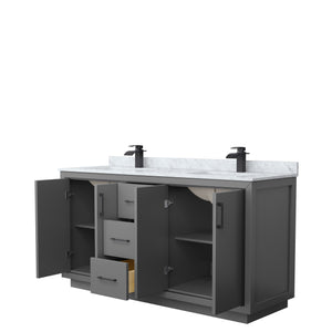 Icon 66 Inch Double Bathroom Vanity in Dark Gray White Carrara Marble Countertop Undermount Square Sinks Matte Black Trim