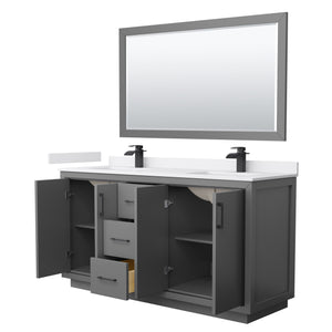 Icon 66 Inch Double Bathroom Vanity in Dark Gray White Cultured Marble Countertop Undermount Square Sinks Matte Black Trim 58 Inch Mirror