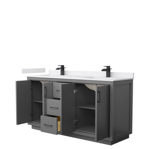 Icon 66 Inch Double Bathroom Vanity in Dark Gray White Cultured Marble Countertop Undermount Square Sinks Matte Black Trim