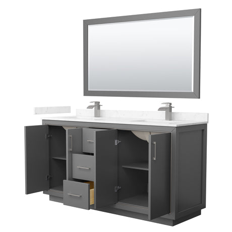 Icon 66 Inch Double Bathroom Vanity in Dark Gray Carrara Cultured Marble Countertop Undermount Square Sinks Brushed Nickel Trim 58 Inch Mirror