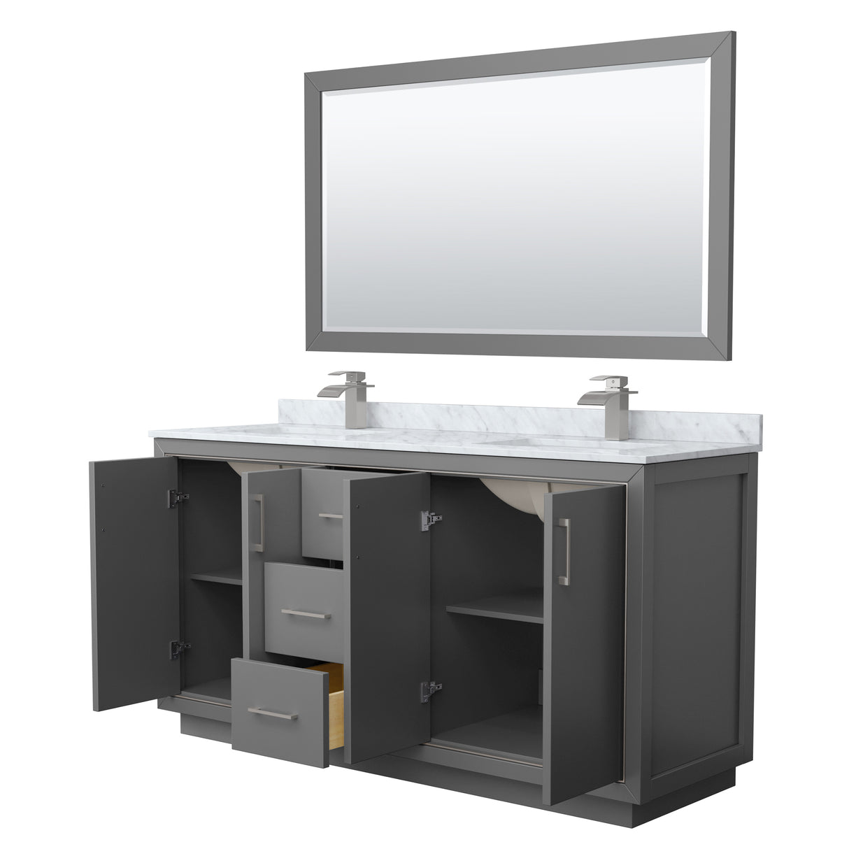 Icon 66 Inch Double Bathroom Vanity in Dark Gray White Carrara Marble Countertop Undermount Square Sinks Brushed Nickel Trim 58 Inch Mirror