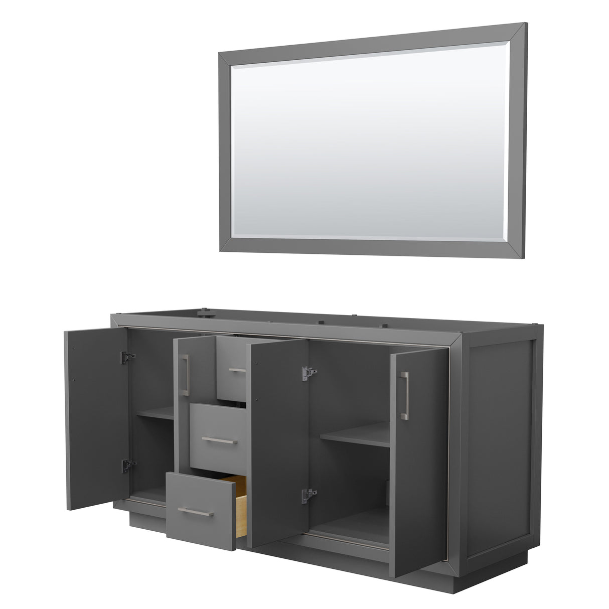 Icon 66 Inch Double Bathroom Vanity in Dark Gray No Countertop No Sink Brushed Nickel Trim 58 Inch Mirror