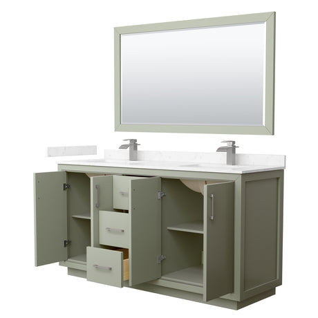 Icon 66 Inch Double Bathroom Vanity in Light Green Carrara Cultured Marble Countertop Undermount Square Sinks Brushed Nickel Trim 58 Inch Mirror