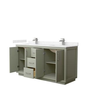 Icon 66 Inch Double Bathroom Vanity in Light Green Carrara Cultured Marble Countertop Undermount Square Sinks Brushed Nickel Trim