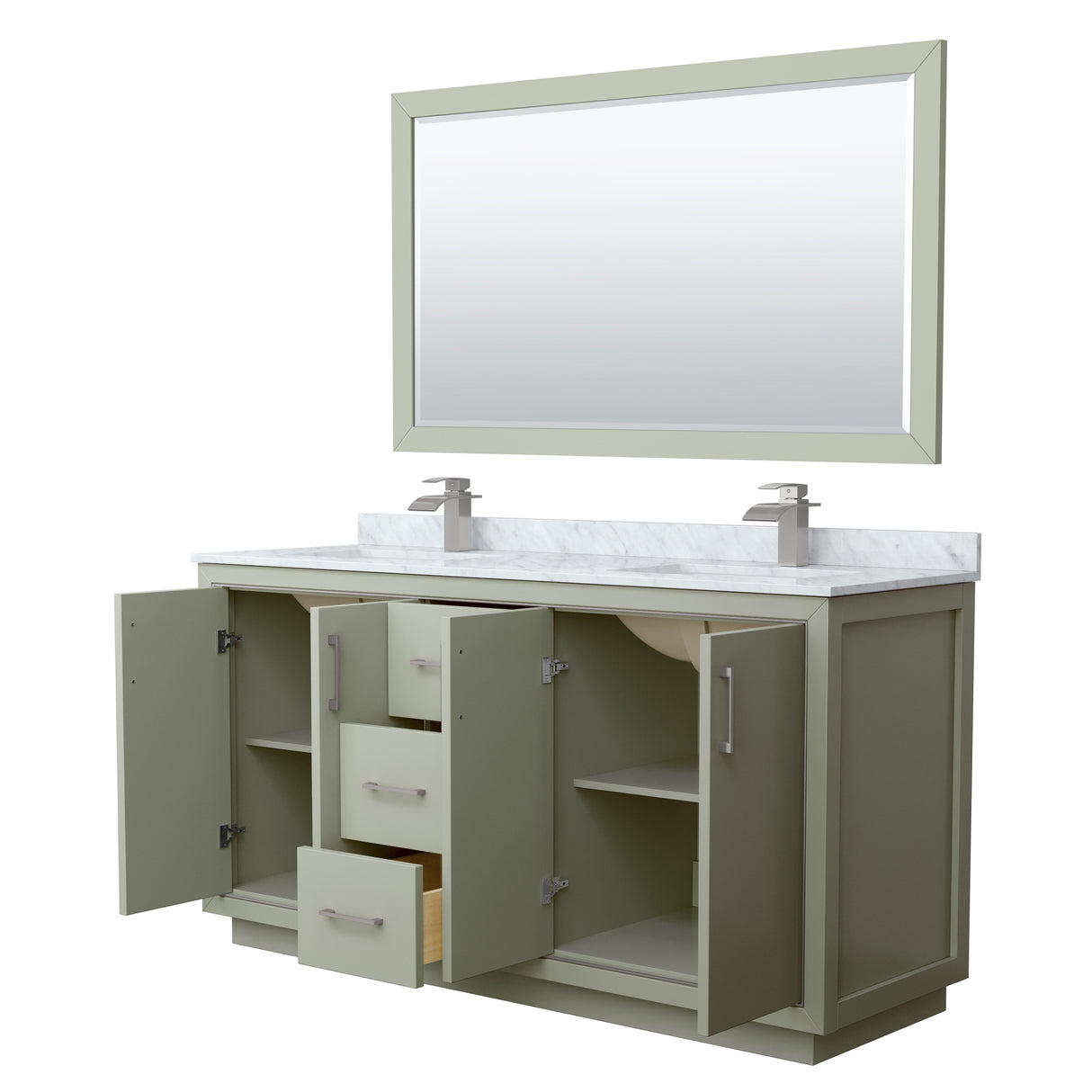 Icon 66 Inch Double Bathroom Vanity in Light Green White Carrara Marble Countertop Undermount Square Sinks Brushed Nickel Trim 58 Inch Mirror