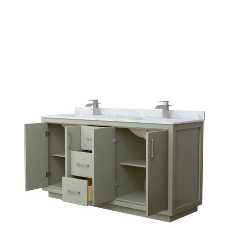 Icon 66 Inch Double Bathroom Vanity in Light Green White Carrara Marble Countertop Undermount Square Sinks Brushed Nickel Trim